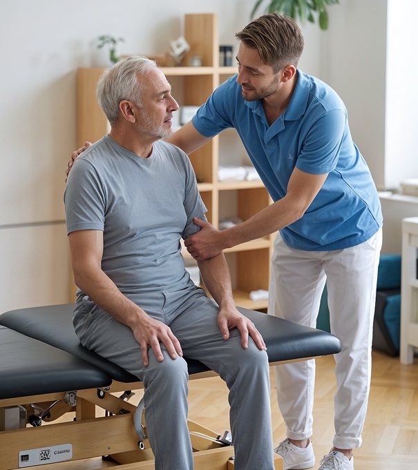 Person talking to a therapist in a rehab center